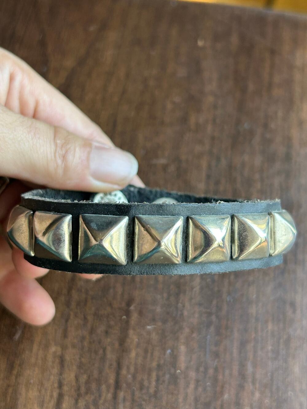 Vintage black leather studded bracelet silver pyramid-shaped studs